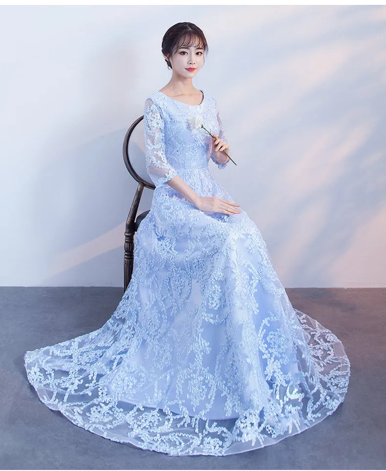 Light Blue 1/2 Sleeves Lace Long Prom Dress, Blue Party Dress