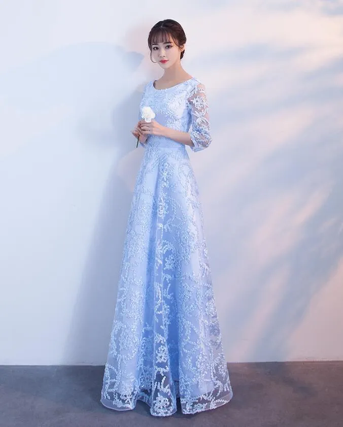 Light Blue 1/2 Sleeves Lace Long Prom Dress, Blue Party Dress