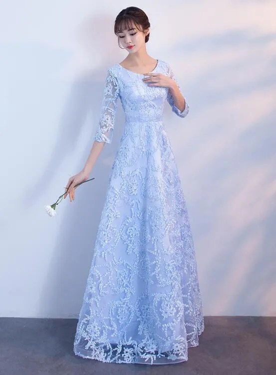 Light Blue 1/2 Sleeves Lace Long Prom Dress, Blue Party Dress