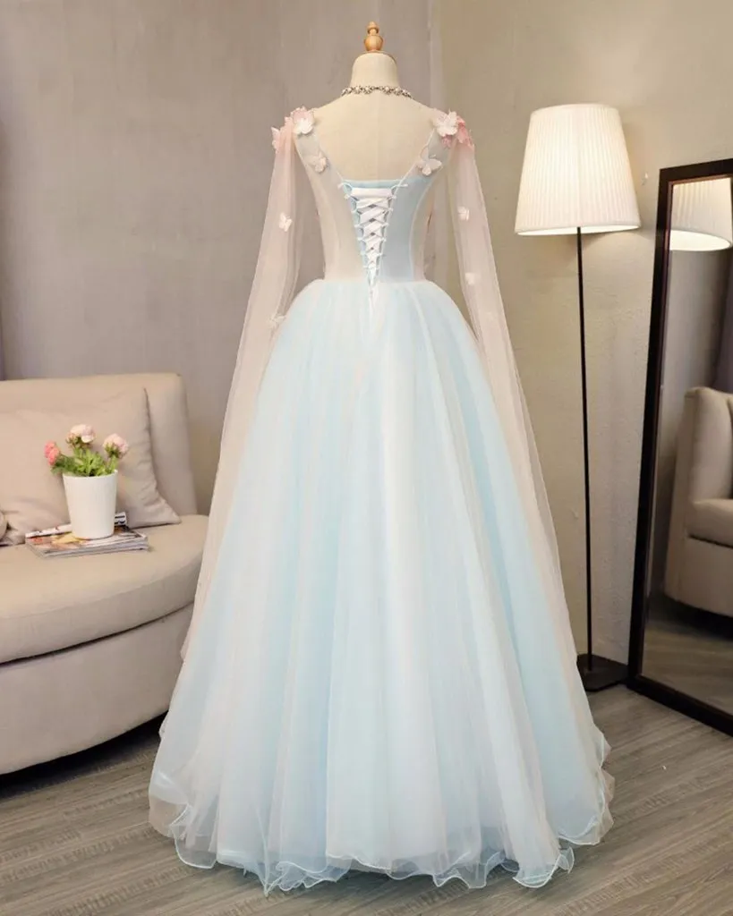 Light Blue Gorgeous Butterfly Long Formal Gowns, Handmade Tulle Gowns, Charming Teen Dresses
