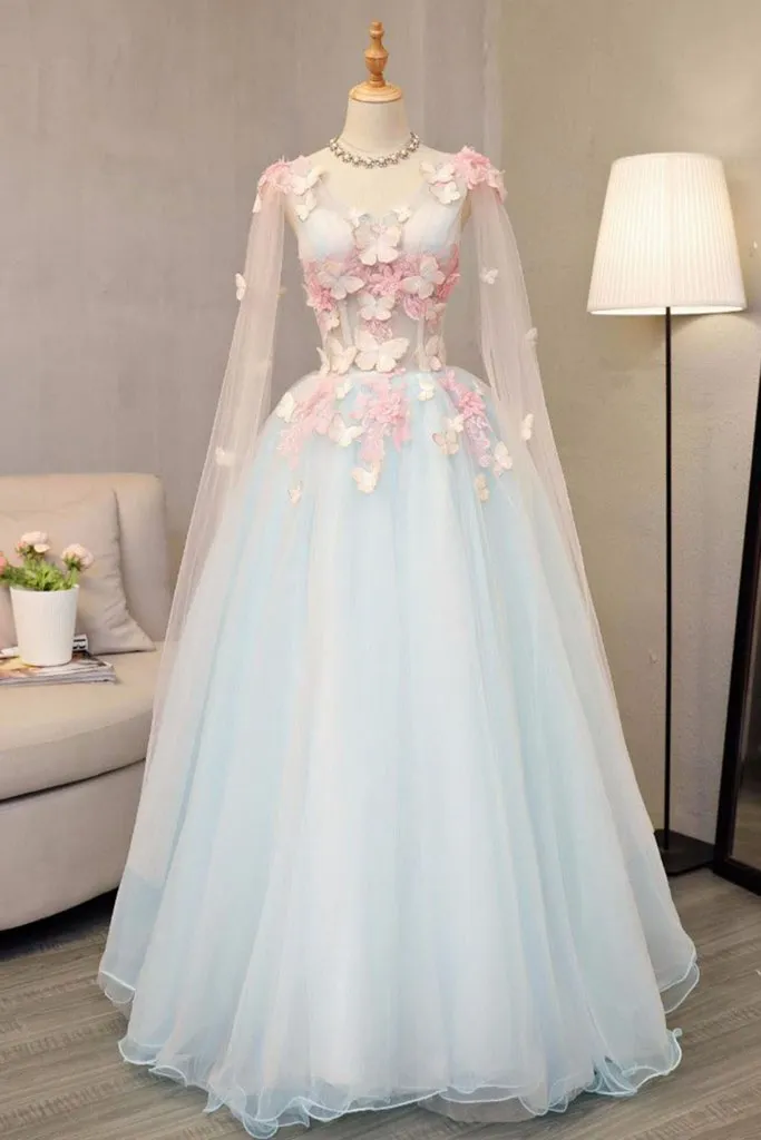 Light Blue Gorgeous Butterfly Long Formal Gowns, Handmade Tulle Gowns, Charming Teen Dresses