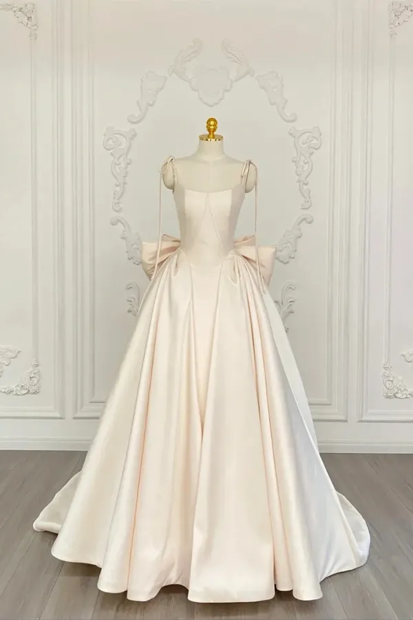 Light Champagne Satin Straps Party Dress, Light Champagne Satin Prom Dress APP1139