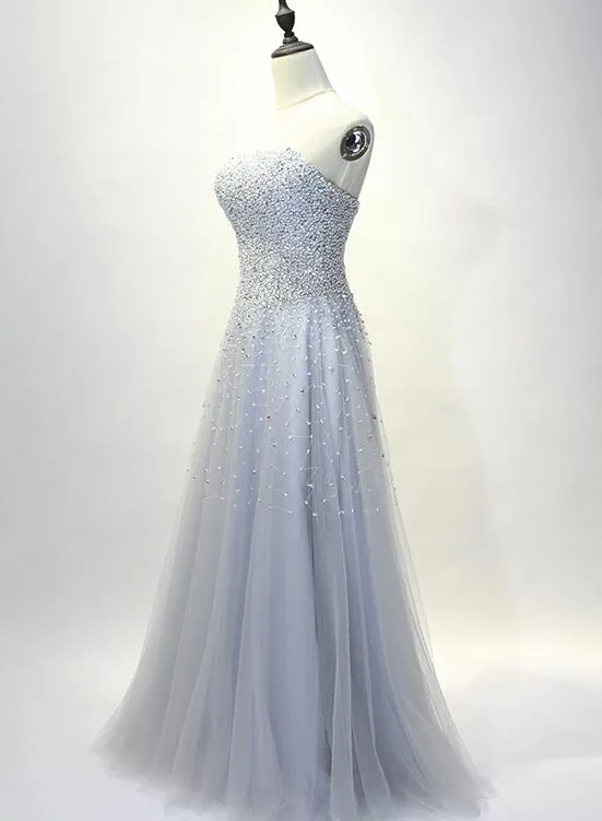 Light Grey Beaded Scoop Long Handmade Formal Dress, Beautiful Party Gowns