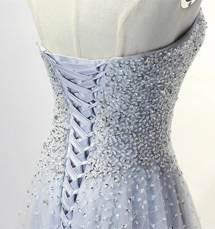 Light Grey Beaded Scoop Long Handmade Formal Dress, Beautiful Party Gowns