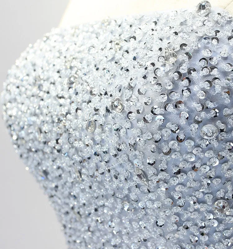 Light Grey Beaded Scoop Long Handmade Formal Dress, Beautiful Party Gowns