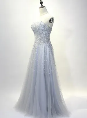 Light Grey Beaded Scoop Long Handmade Formal Dress, Beautiful Party Gowns