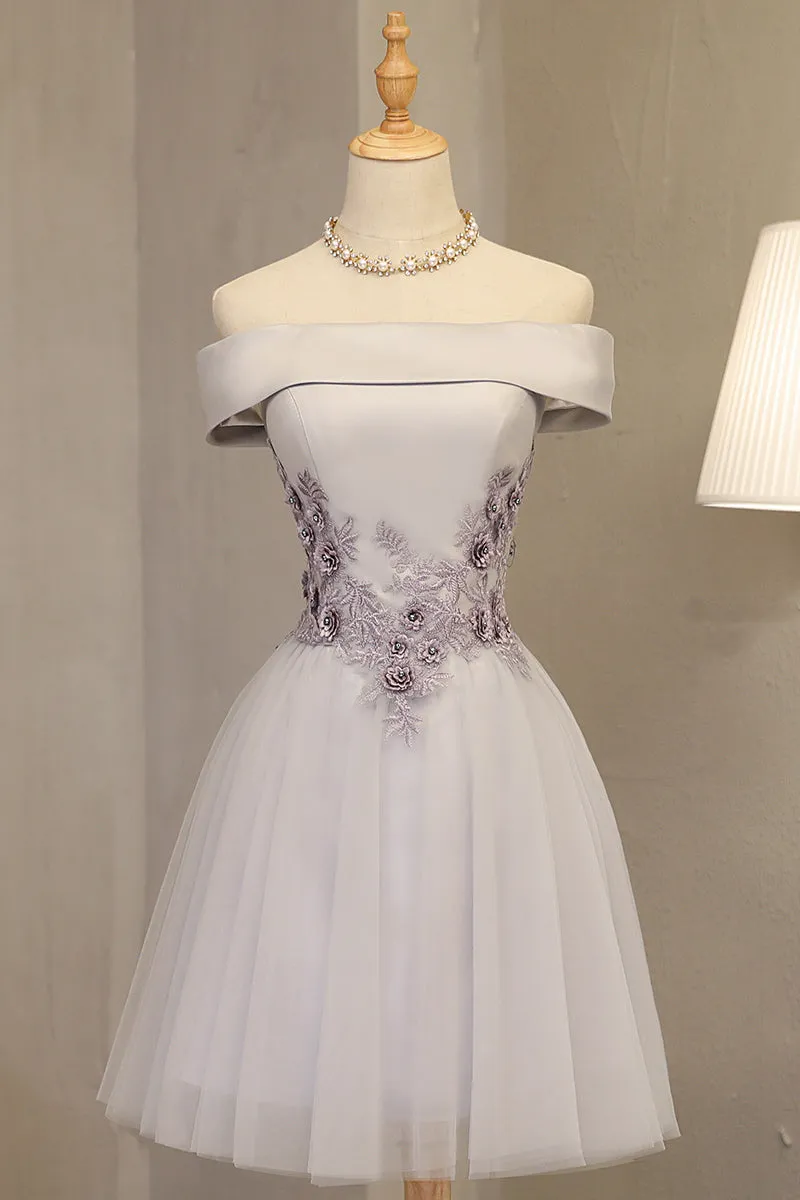 Light Grey Formal Dress, Off Shoulder Knee Length Prom Dress, Party Dress