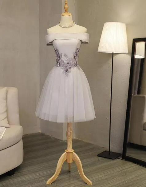 Light Grey Formal Dress, Off Shoulder Knee Length Prom Dress, Party Dress