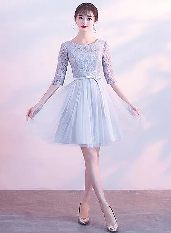 Light Grey Short Sleeves Lace and Tulle Party Dress, Simple Wedding Party Dress