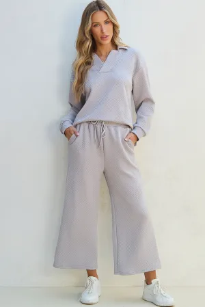 Light Grey Solid Textured Collared V Neck Top and Wide Leg Pants Set