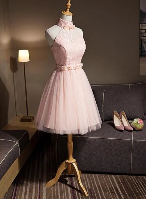 Light Pink Halter Tulle and Lace Lovely Knee Length Formal Dress, Cute Party Dress, Pink Prom Dresses