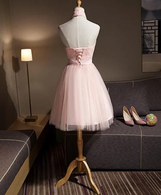 Light Pink Halter Tulle and Lace Lovely Knee Length Formal Dress, Cute Party Dress, Pink Prom Dresses