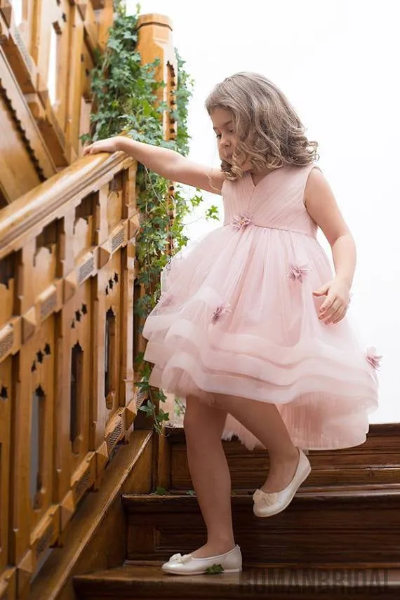 Light Pink Tulle Handmade Flower Little Girl Dresses, Cheap Flower Girl Dresses, FG071
