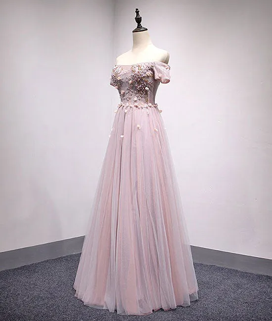 Light pink tulle lace applique long prom dress, tulle evening dress