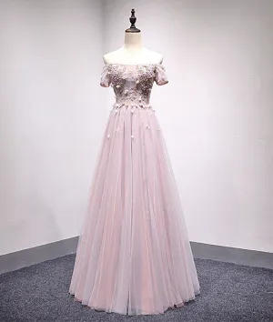 Light pink tulle lace applique long prom dress, tulle evening dress