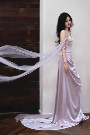 Light Purple Satin Long Evening Dress, Light Purple Sweetheart Prom Dress APP1056