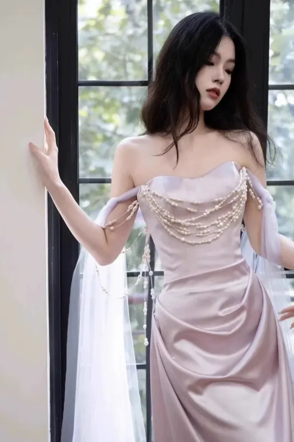 Light Purple Satin Long Evening Dress, Light Purple Sweetheart Prom Dress APP1056