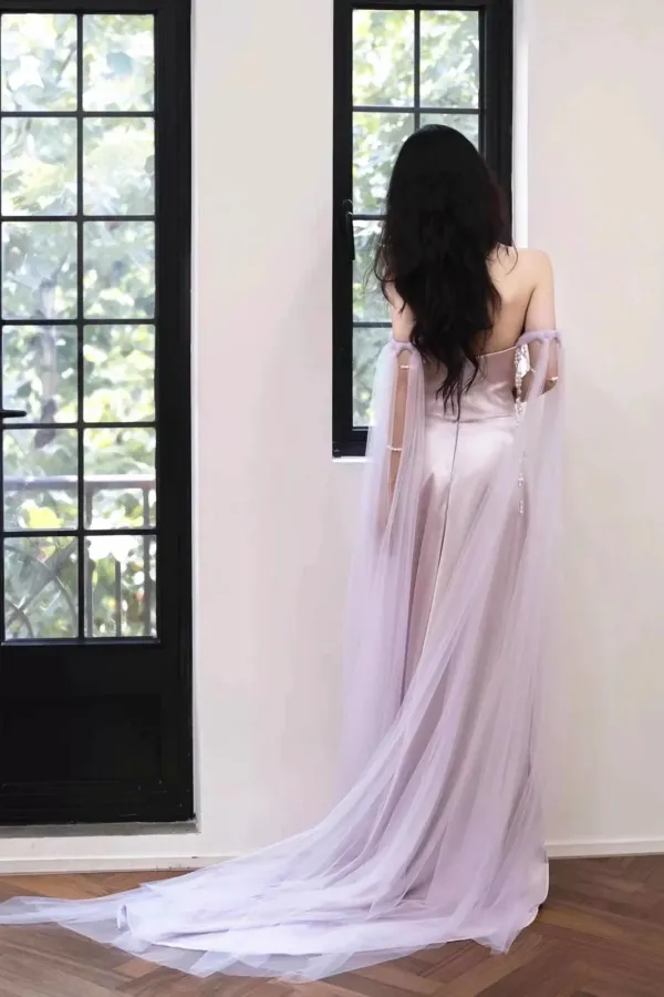 Light Purple Satin Long Evening Dress, Light Purple Sweetheart Prom Dress APP1056