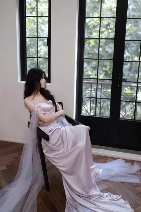 Light Purple Satin Long Evening Dress, Light Purple Sweetheart Prom Dress APP1056