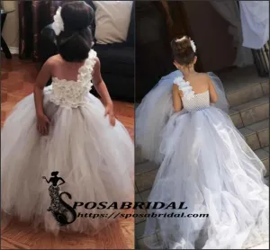 Long One Off Shoulder Handmade Flower Tulle Tutu Baby Flower Girl Dresses , FG116