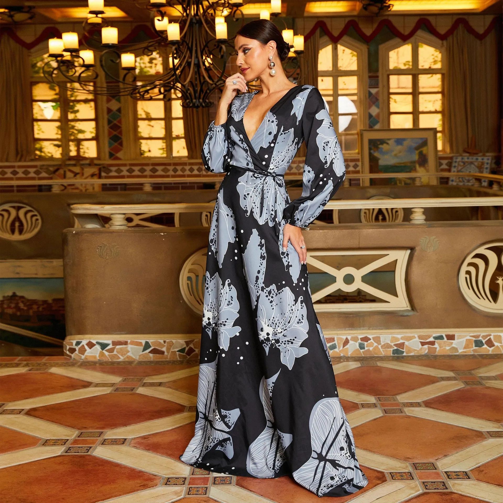 Long Sleeve Elegant Deep V Plunge Formal Dress
