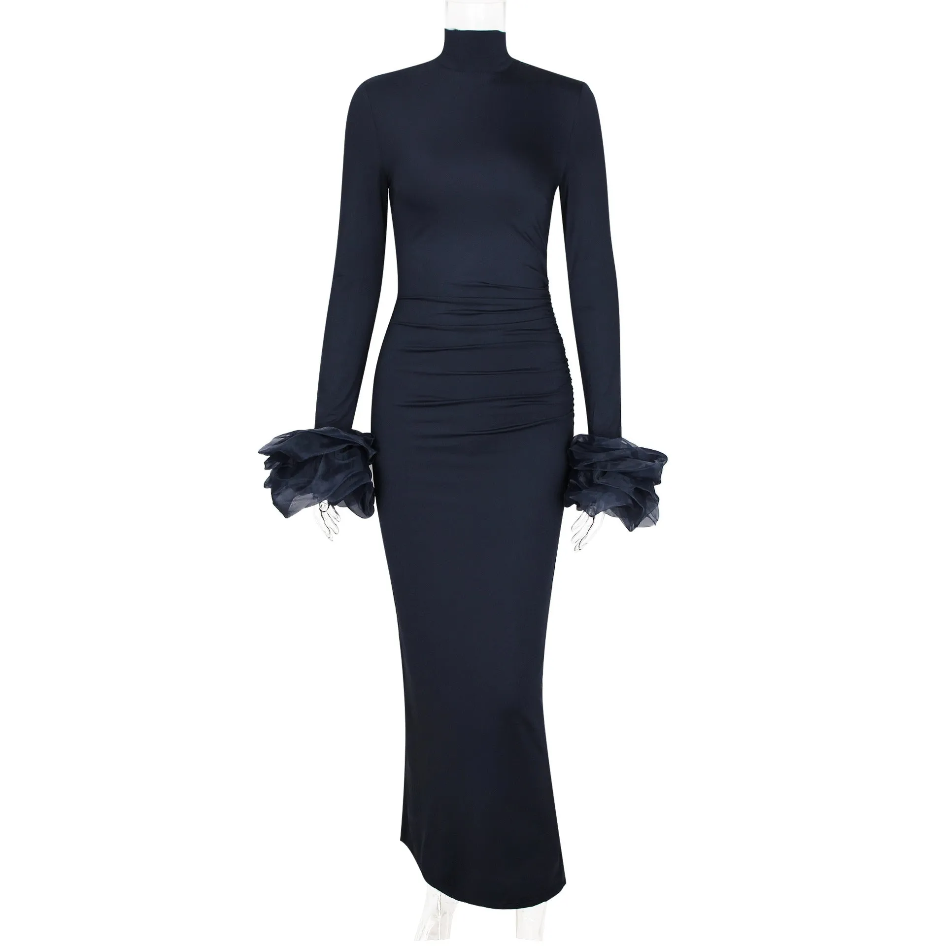 Long Sleeve Mock Neck Sheath Split Formal Dress