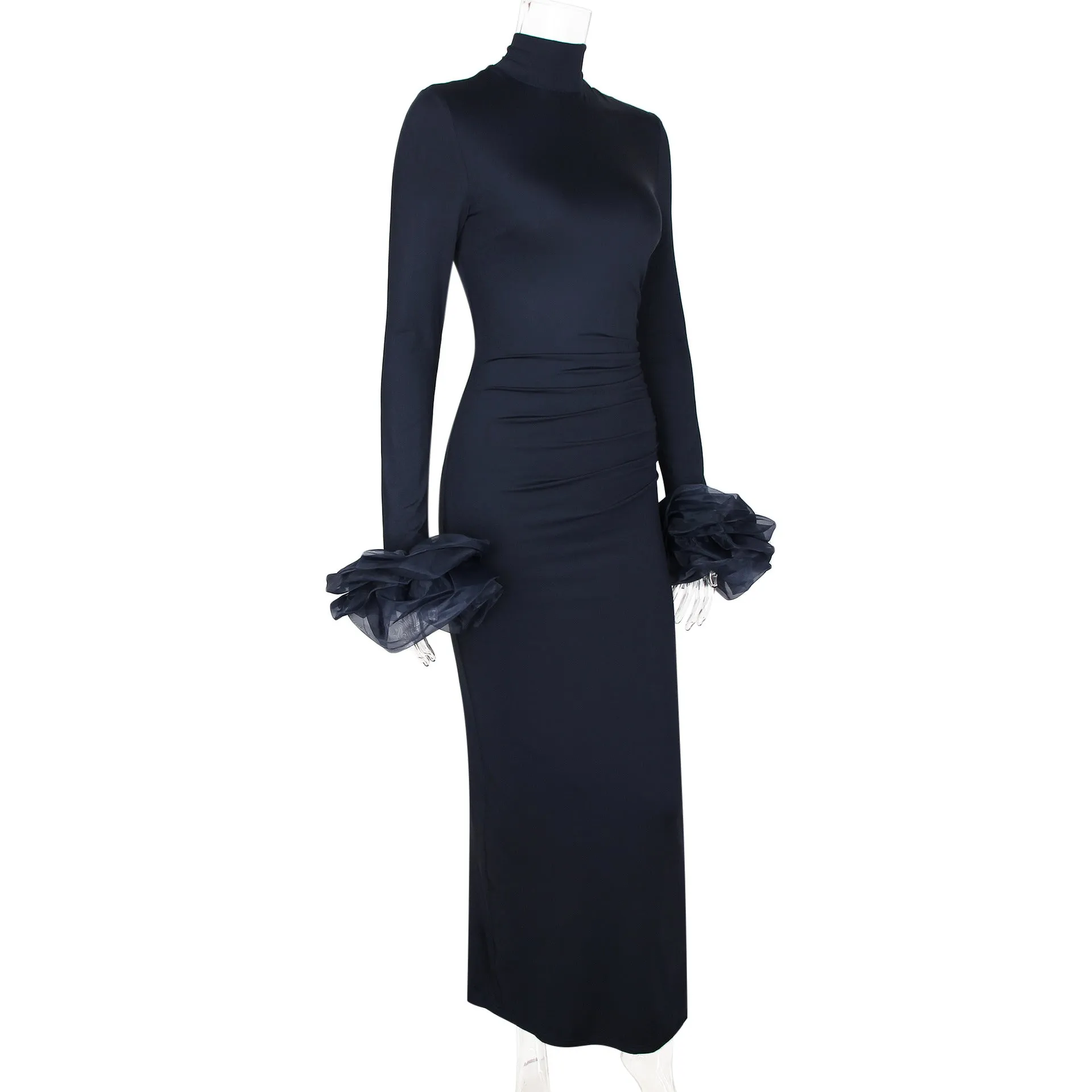 Long Sleeve Mock Neck Sheath Split Formal Dress