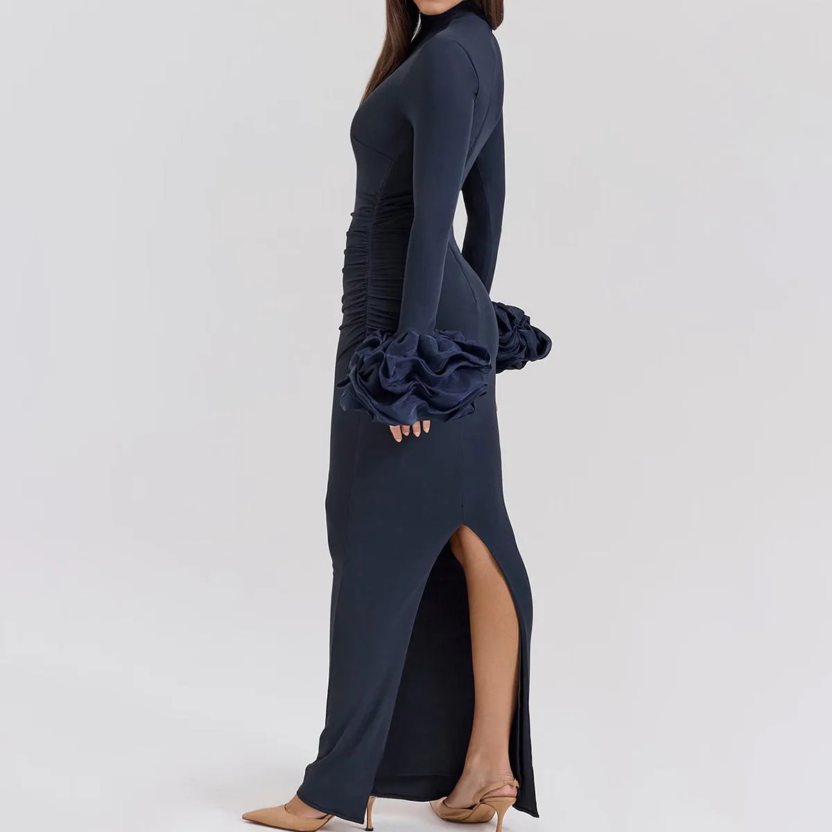 Long Sleeve Mock Neck Sheath Split Formal Dress