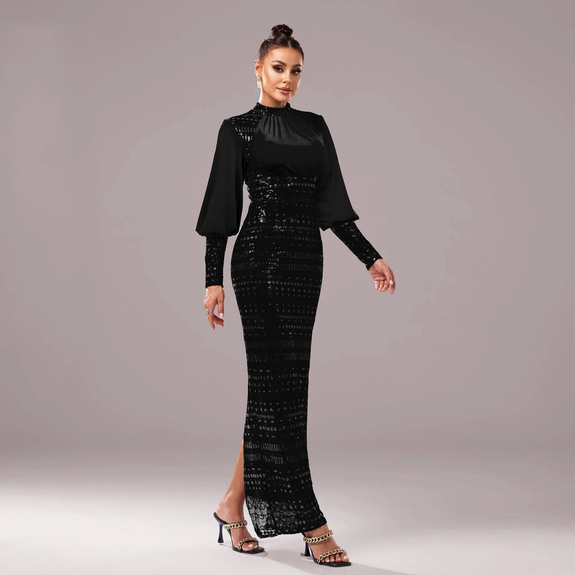 Long Sleeved Round Neck Sequined Evening Dress