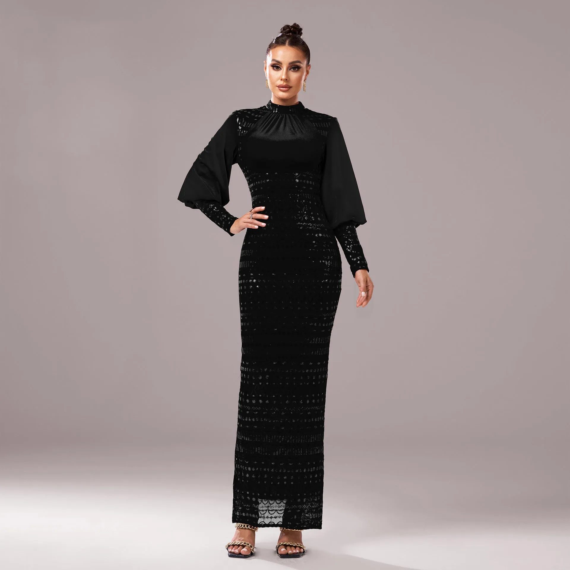 Long Sleeved Round Neck Sequined Evening Dress