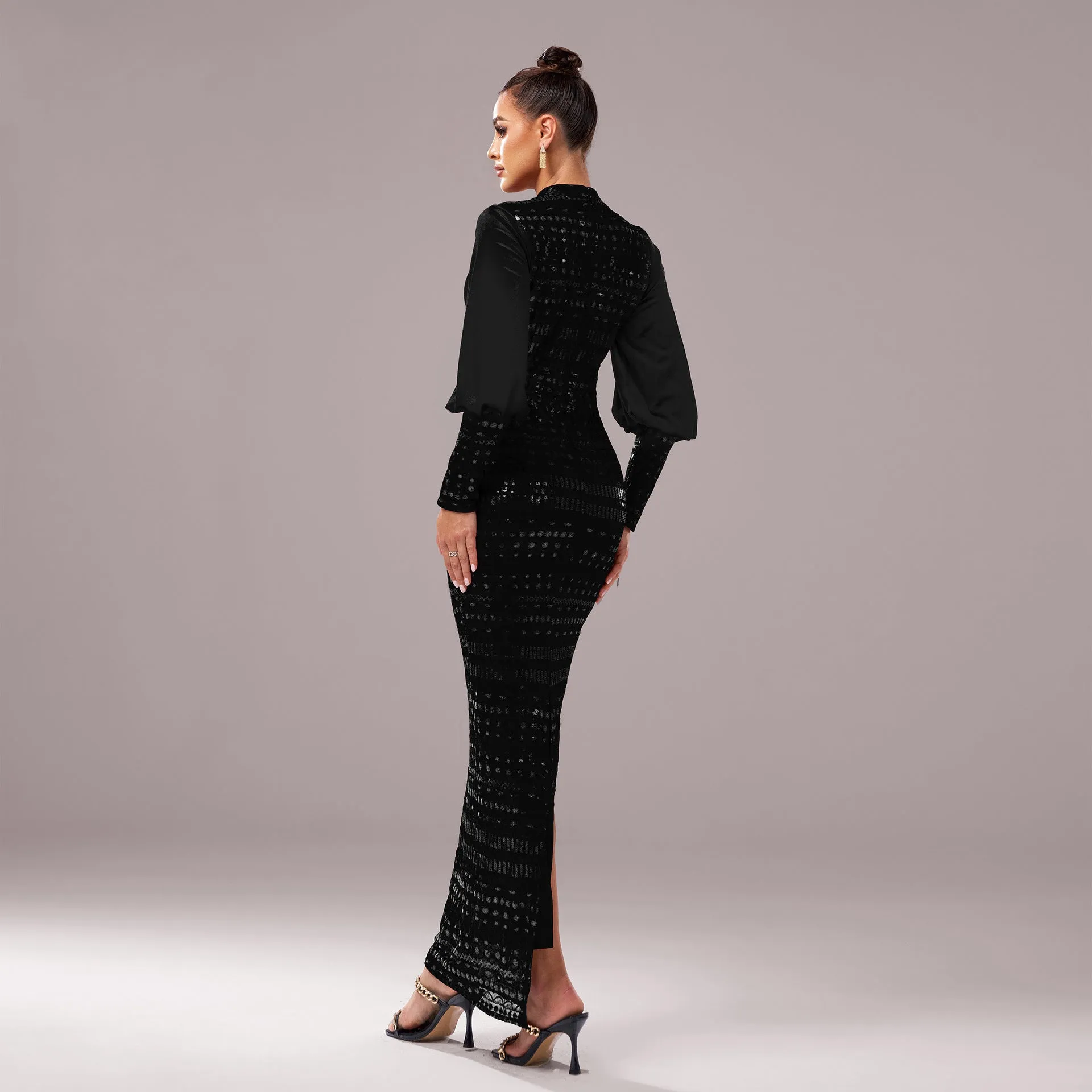 Long Sleeved Round Neck Sequined Evening Dress