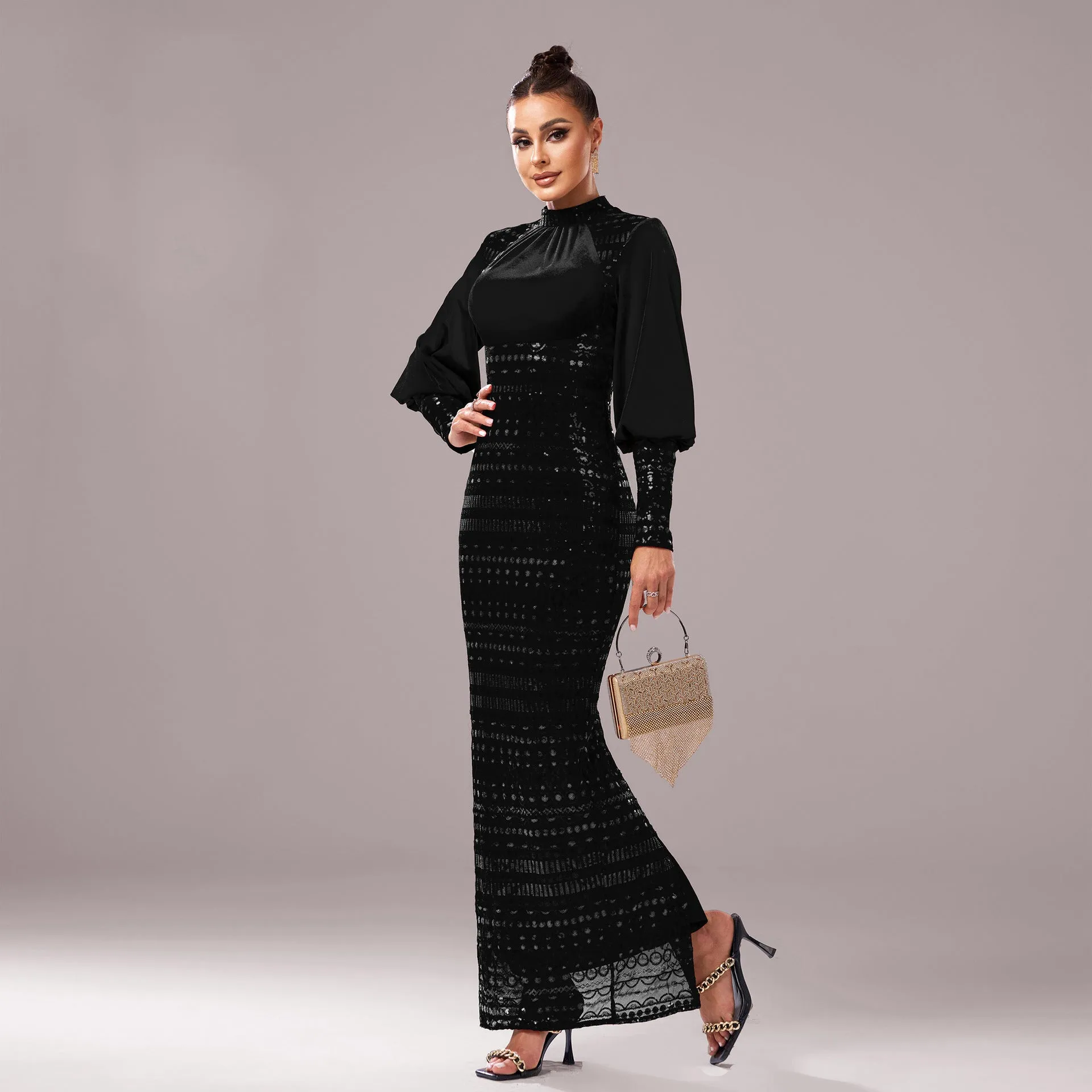 Long Sleeved Round Neck Sequined Evening Dress