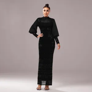 Long Sleeved Round Neck Sequined Evening Dress