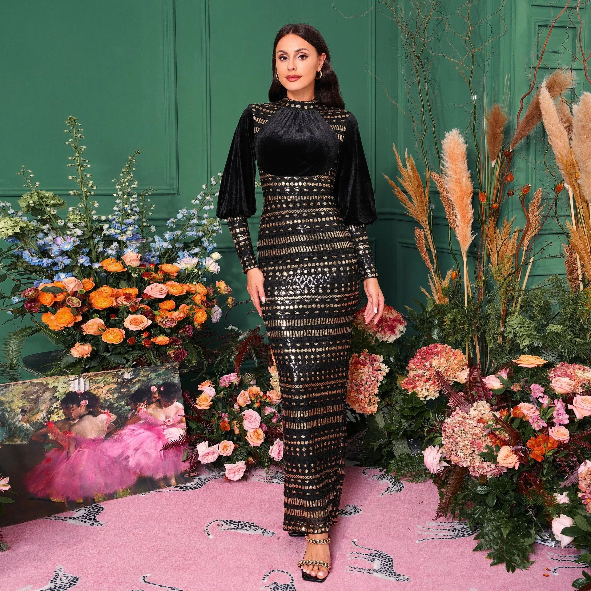 Long Sleeved Round Neck Sequined Evening Dress