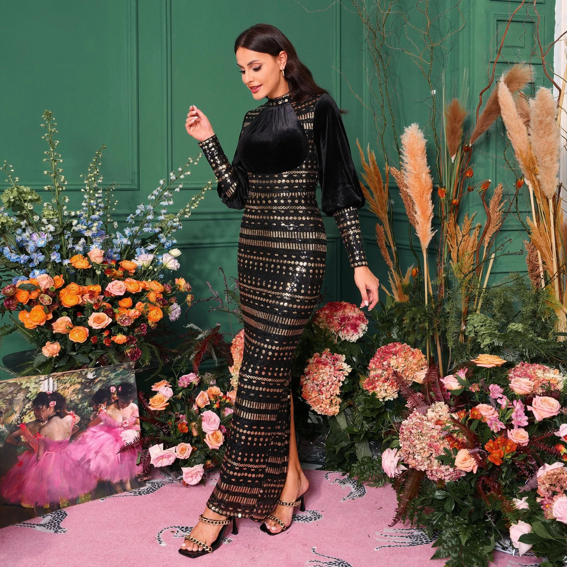 Long Sleeved Round Neck Sequined Evening Dress