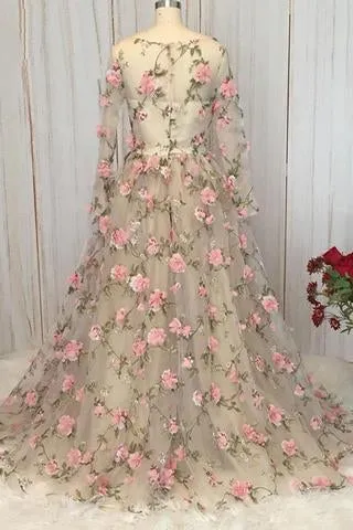 Long Sleeves HandMade Flowers Long Evening Prom Dresses, Cheap Sweet 16 Dresses, 18323