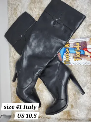 LOUIS VUITTON BLACK KNEE HIGH TALL LOGO LEATHER BOOTS - SIZE 41