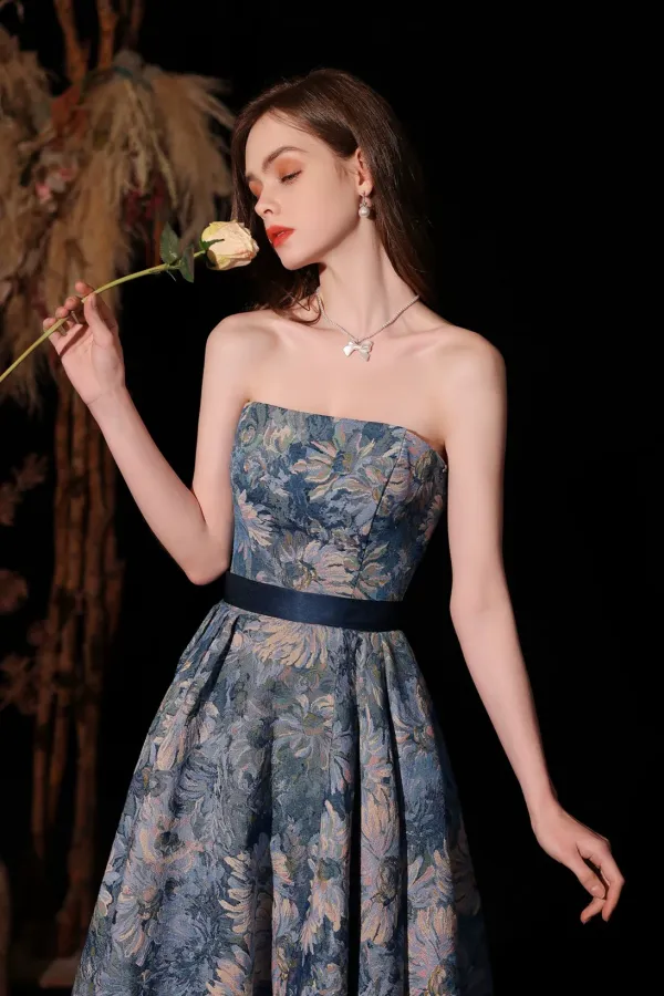 Lovely Blue Floral A Line Off Shoulder Party Dress, Blue Prom Dress Evening Dress APP1060