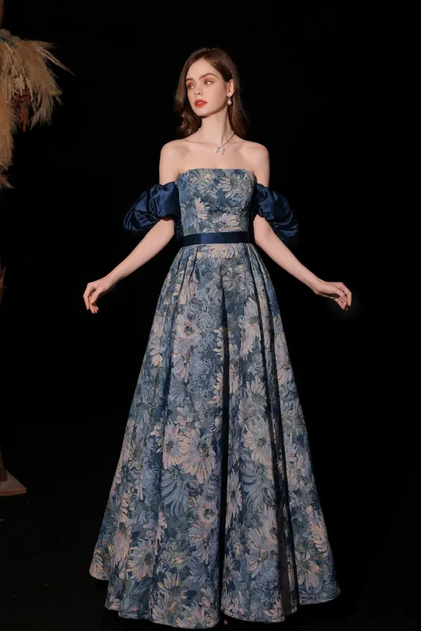 Lovely Blue Floral A Line Off Shoulder Party Dress, Blue Prom Dress Evening Dress APP1060