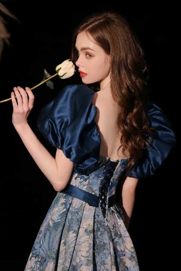 Lovely Blue Floral A Line Off Shoulder Party Dress, Blue Prom Dress Evening Dress APP1060