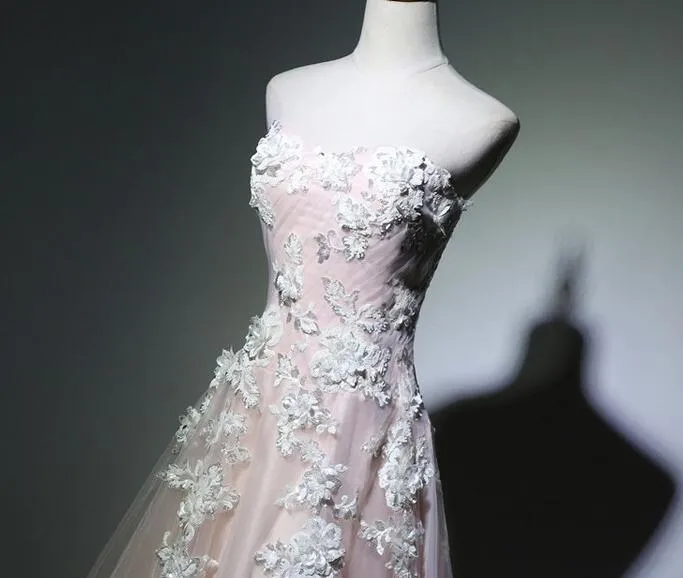 Lovely Light Pink Long Party Dress with Lace Applique Prom Dress, Tulle Evening Dresses Formal Gown