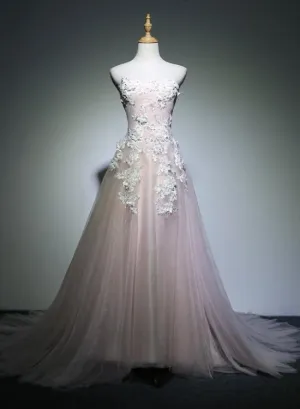 Lovely Light Pink Long Party Dress with Lace Applique Prom Dress, Tulle Evening Dresses Formal Gown