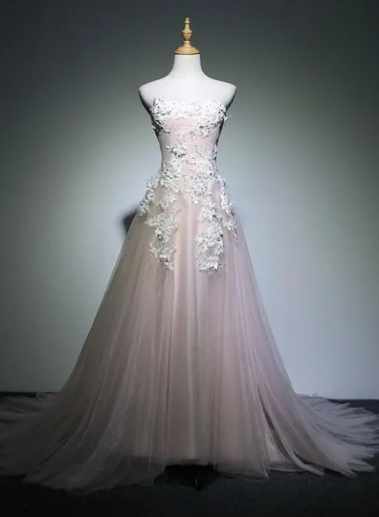 Lovely Light Pink Long Party Dress with Lace Applique Prom Dress, Tulle Evening Dresses Formal Gown