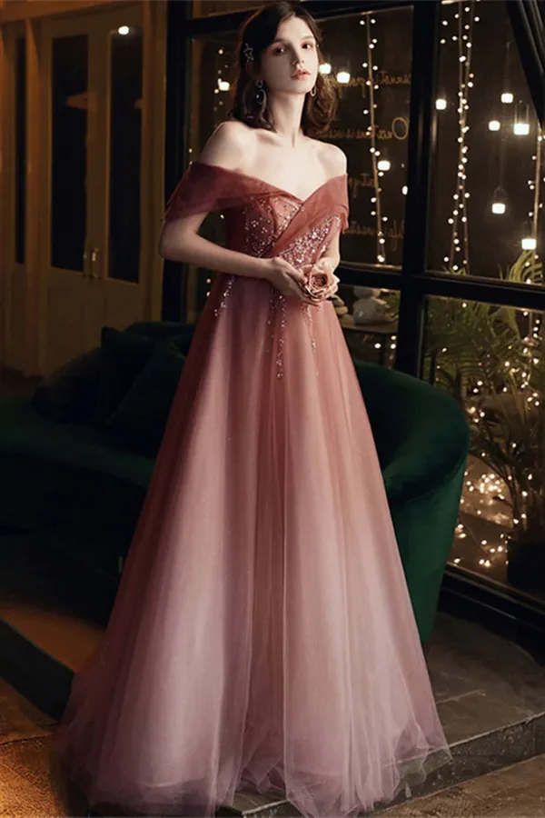 Lovely Pink Gradient Tulle Beaded Off Shoulder Party Dress, Pink Long Prom Dress APP1005