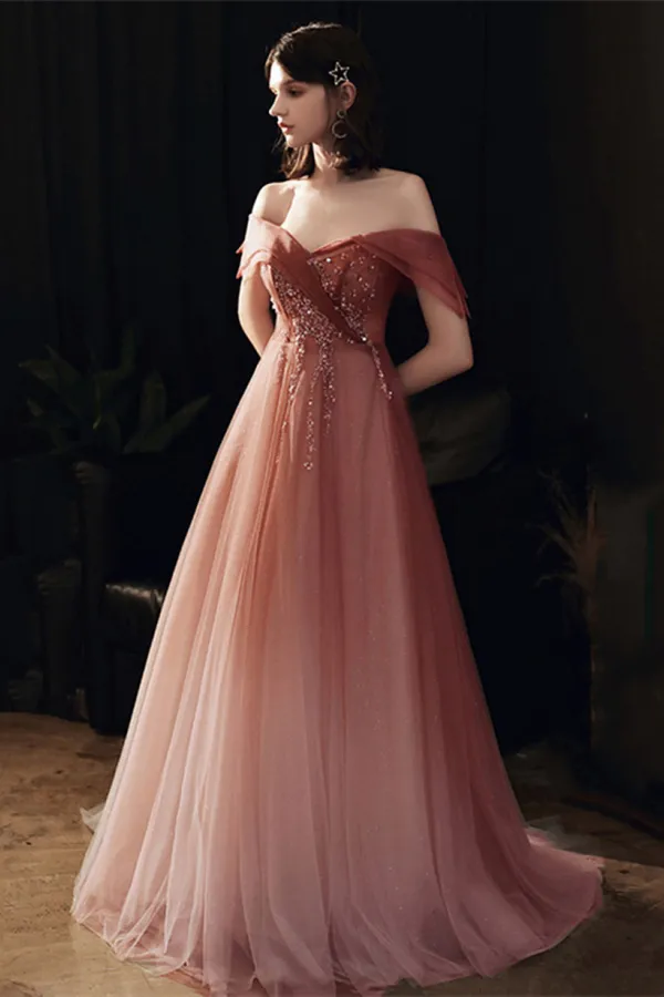 Lovely Pink Gradient Tulle Beaded Off Shoulder Party Dress, Pink Long Prom Dress APP1005