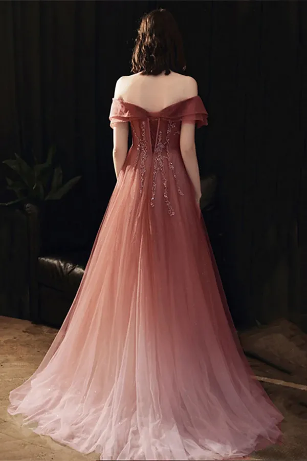Lovely Pink Gradient Tulle Beaded Off Shoulder Party Dress, Pink Long Prom Dress APP1005