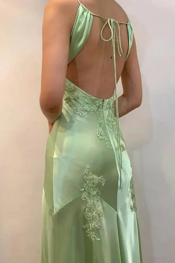Lovely Spaghetti Straps Green Backless Long Prom Dress, Satin Evening Dress APP1128