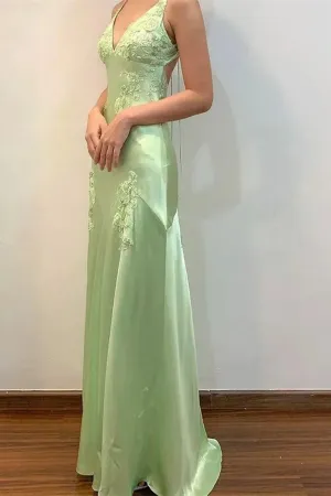 Lovely Spaghetti Straps Green Backless Long Prom Dress, Satin Evening Dress APP1128