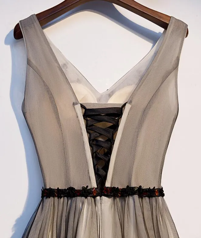 Lovely V-neckline Tulle Beaded Black and Champagne Prom Dress, Tulle Evening Dresses