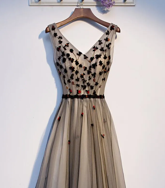 Lovely V-neckline Tulle Beaded Black and Champagne Prom Dress, Tulle Evening Dresses